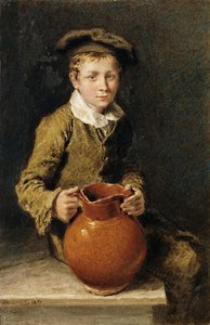 En gutt satt på en benk med en mugge, 1839