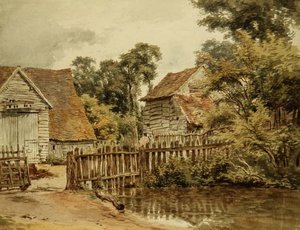 Gårdstun med dam (akvarell på papir) av William Henry Hunt