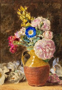 Blandede blomster i en brun og fawn kanne, ca. 1860