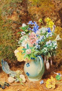 Blekblå Kinakanne med lyngheier og småblomster, ca.1860
