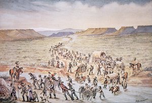 Mormonske håndkjerre-pionerer på vei vestover til Utah i 1850 (farge litho)