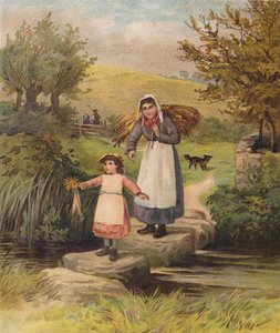 Kvinne og jente krysser en bekk over stepping stones (chromolitho)