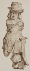 Utskåret figur i eik, en gang i døråpningen til huset bygget på stedet til Boars Head Tavern, Eastcheap, 1834 (vask på papir) av William Henry Kearney