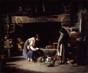 Gårdsinteriør: Bretonske barn som fôrer kaniner, 1878.