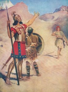 David og Goliat, fra The Bible Picture Book utgitt av Thomas Nelson, ca. 1950 av William Henry Margetson