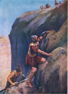 Jonathan og hans rustningsbærer, fra The Bible Picture Book utgitt av Thomas Nelson, ca. 1950 av William Henry Margetson