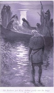 Sir Bedivere satte kong Arthur forsiktig inn i lekteren av William Henry Margetson
