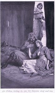 Sir Pelleas, som så inn, så Sir Gawaine bøye seg og kysse damen Ettard av William Henry Margetson