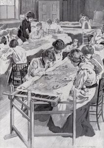 Elever ved Royal School of Art Håndarbeid som broderer Kings Coronation Robe av William Henry Margetson