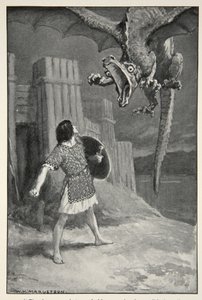 Dragen sank mot ham og åpnet sine forferdelige kjever, fra "Hero Myths and Legends of the British Race" av M.I. Ebbutt, 1910 av William Henry Margetson