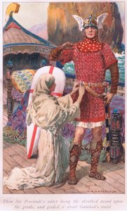 Så hengte Sir Percivales søster det slirede sverdet på beltet og bandt det om livet til Galahad av William Henry Margetson