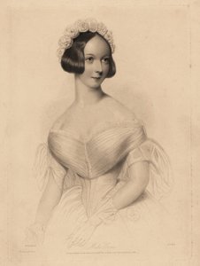 Frøken Gore. I off-the-shoulder kjole med stram midje, hår dekorert med en krans av roser. Stålstiftgravering av William Henry Mote etter en illustrasjon av William Drummond fra Charles Heath