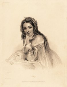 Portrett av Amy. Skjønnhet iført slør over langt hår, hermelin-trim off-the-skulder kjole, holder et perlekjede. Stålstiftgravering av William Henry Mote etter en illustrasjon av John Hayter fra Charles Heath