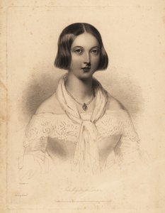 Ung dronning Victoria, tidlig på 20-tallet. Stålstiftgravering av William Henry Mote etter en illustrasjon av William Drummond fra Charles Heath's English Pearls, or Portraits for the Boudoir, Tilt and Bogue, London