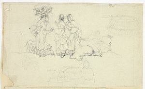 Figurer med markedsvarer og tre skisser av William Henry Pyne