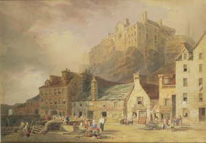 Edinburgh Castle fra Grass Market, som viser Little West Port, ca. 1820 (wc og sepia) av William Henry Stothard