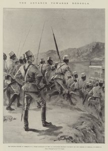 Fremskrittet mot Dongola, den britiske offiseren i kommando av en negerbataljon fra det 11. soudanesiske regiment som så mennene hans gå om bord på Shellal, 18. mars (litho)