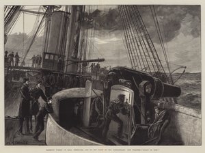 Barbette Turret fra HMS Temeraire, en av flåten ved Dardanellene, våpenøvelse, klar til å skyte!