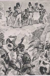 Carmichaels tilhengere skjøt en salve inn i den tette klyngen av menn: Slaget ved Bharatpur 1826 , illustrasjon fra British Battles on Land and Sea , 1915