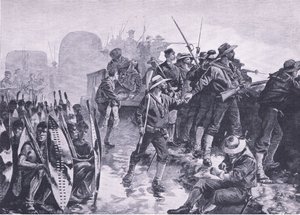 Forsvare et lager mot et Zulu-angrep, illustrasjon fra British Battles on Land and Sea, 1915