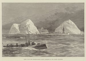 HMS Tyne og Torpedo-båter blant isfjell i Nord-Atlanteren
