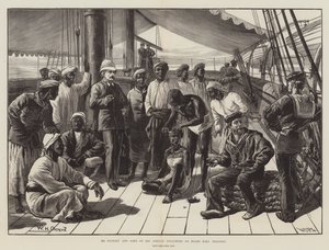 Mr Stanley og noen av hans afrikanske følgere om bord i HMS Industry