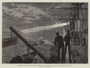 Den britiske flåten i Marmorahavet, søker etter torpedobåter ved det elektriske lyset om bord på HMS Agincourt
