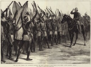 Zulu-krigen, general Lord Chelmsford gjennomgår den innfødte kontingenten på bredden av Tugela, innfødte som roper H-H-Ooo!