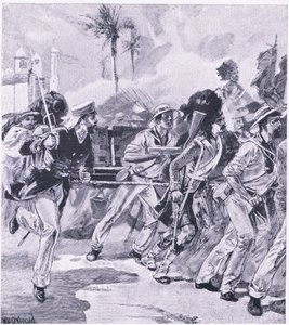 Sjøforsvarsbrigaden fra HMS Shannon ved Lucknow, november 1857, illustrasjon fra British Battles on Land and Sea, 1915