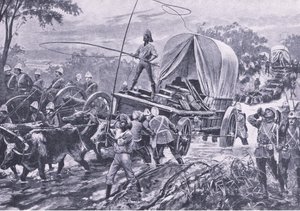 Zulu War: The Estowe Relief Force krysser en bekk, april 1879, illustrasjon fra British Battles on Land and Sea, 1915