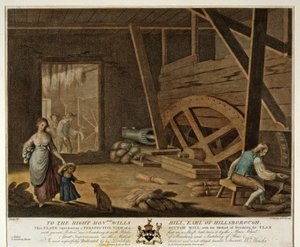 Innvendig visning av en Scutch Mill, plate V av Linen Manufactory of Ireland, 1791,