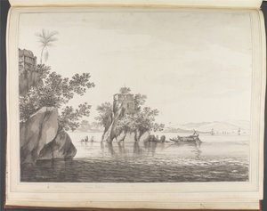 Utsikt over en isolert klippe i Ganges ved Jangerah [Jahangira] av William Hodges