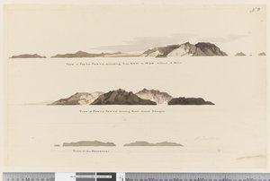 Side 8 (a) Utsikt over Porto Santo som strekker seg fra NNW til WBN 5 miles (b) Utsikt over Porto Santo med 2 ligaer i nord og (c) Utsikt over Desertørene av William Hodges
