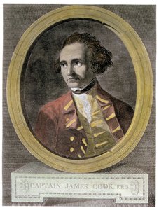 Portrett av kaptein James Cook (1728-79), fra frontbildet av "Journey Round the World to the South Pole" (senere fargelegging) av William Hodges