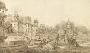 Utsikt over en del av byen Benares, ca. 1781 (grå vask med pensel og blekk over blyant på papir lagt på vaskefeste) av William Hodges