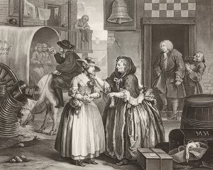 En skjøge? S Progress / The Way of a Whore, ark 1: Ankomst til London. 1732 av William Hogarth