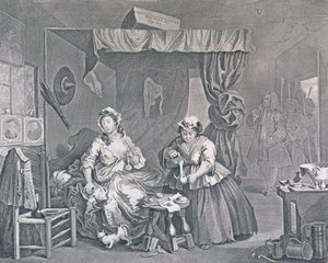 A Harlot's Progress, plate tre: arrestert av en sorenskriver, 1732 (etsing og gravering) av William Hogarth