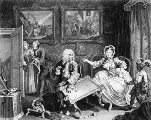 En skjøges fremgang, plate II, krangler med jødebeskytteren hennes av William Hogarth