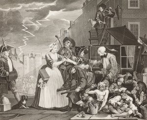 A Rake?S Progress, Plate 4: The Rake Arrested, Going to Court / Der Weg eines Liederlichen, Blatt 4: Tom Rakewell arrestert og reddet. 1735 av William Hogarth