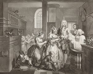 A Rake? S Progress, Plate 5: The Rake Marrying an Old Woman / The Path of a Dissolute, Blad 5: Tom Rakewell gifter seg med en rik gammel kvinne). 1735 av William Hogarth