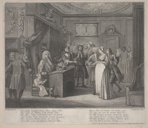 En kvinne som sverger et barn til en gravborger, ca. 1730-35 (radering) av William Hogarth