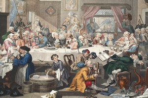 An Election Entertainment, illustrasjon fra 'Hogarth Restored: The Whole Works of the berømte William Hogarth, re-gravert av Thomas Cook', pub. 1812 (håndfarget gravering) av William Hogarth