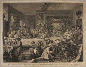 Et valgfestmåltid, plansje 1 fra serien Fire trykk fra et valg av William Hogarth