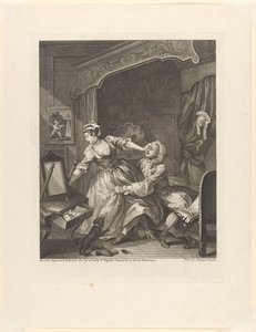 "Før" Mann trekker en motvillig kvinne mot seg på et soverom før (tittel på objekt) Før og etter (serietittel) Før og etter (serietittel) av William Hogarth