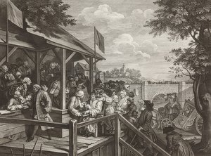 Fire utskrifter av et valg / De generelle valgene. Ark 3: Avstemningen / Avstemningen. 1758 av William Hogarth