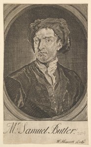 Frontispice-portrett sytten små illustrasjoner for Samuel Butlers Hudibras, april 1726. av William Hogarth
