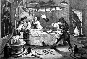 Illustrasjon fra diktet Hudibras, av Samuel Butler, 1726. av William Hogarth