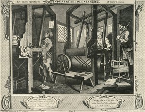 Interiør i et veververksted, 1747, 1925. av William Hogarth