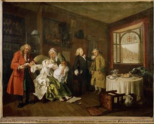 Ekteskap à la mode: 6. Damens død (olje på lerret) av William Hogarth