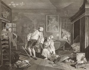 Ekteskap à la Mode / ekteskap etter mote. Ark 5: The Bagnio / The Count faller i en duell. 1745 av William Hogarth